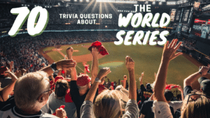 Photo of baseball hands excited in a stadium at night, with white text above it that reads "70 trivia questions about the World Series"