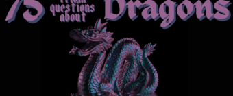 Photo of a stone purple and blue dragon against a black background, with purple text above it that reads "75 trivia questions about Dragons."