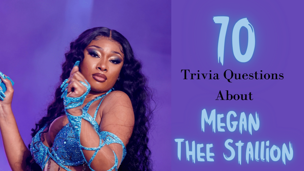 Photo of Megan Thee Stallion in a sparkly pink top against a purple background, with blue and black text next to her that reads "70 Trivia Questions About Megan Thee Stallion"