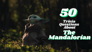 Photo of Grogu/Baby Yoda from a scene in the Disney+ series The Mandalorian. Text next to it reads "50 Trivia Questions About The Mandalorian."