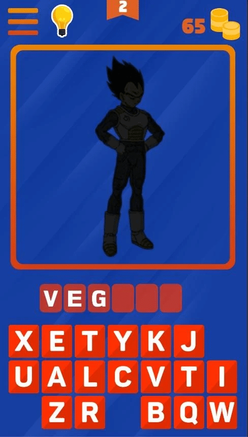 Play screen from the Guess the DBS Character Quiz Google game app. A character is on screen in silhouette, with letters below it for players to guess who the character is. 