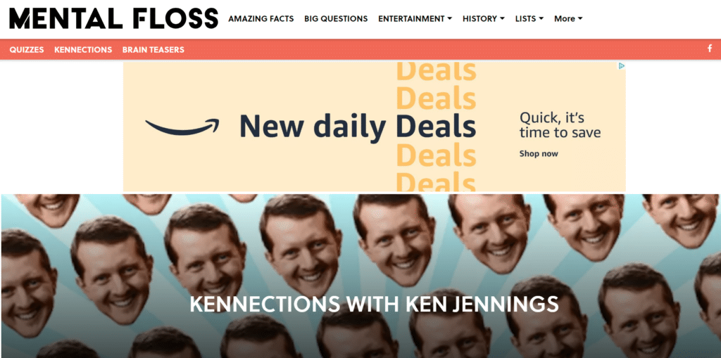 Banner image from the Mental Floss website for the Kennections with Ken Jennings Quiz, featuring photos of Ken Jennings' face. 