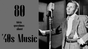 Black-and-white photo of Frank Sinatra behind a microphone, with black text against a grey background next to it that reads "80 trivia questions about '40s music"