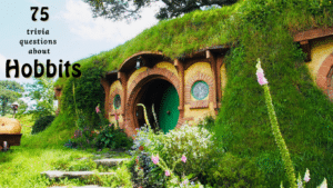 Photo of a grassy Hobbit house, with text next to it that reads "75 trivia questions about Hobbits"