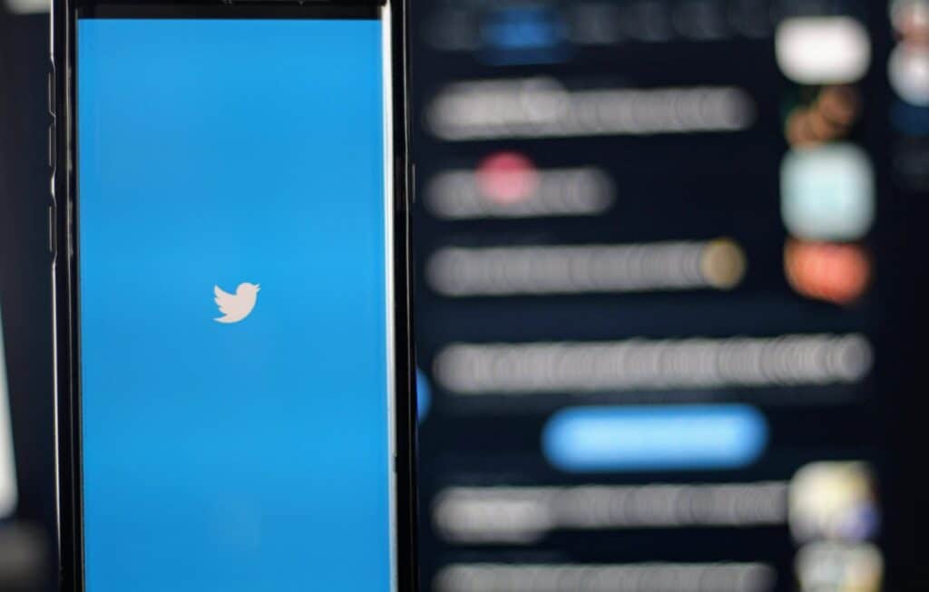 Photo of a phone screen displaying the classic blue bird Twitter icon, with a Twitter screen blurred out behind it. 