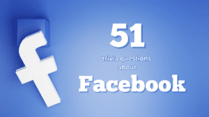 The Facebook "F" logo against a blue background, with white text atop it that reads "51 trivia questions about Facebook"