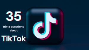 The TikTok app logo against a dark blue background, with white text atop it that reads "35 trivia questions about TikTok"