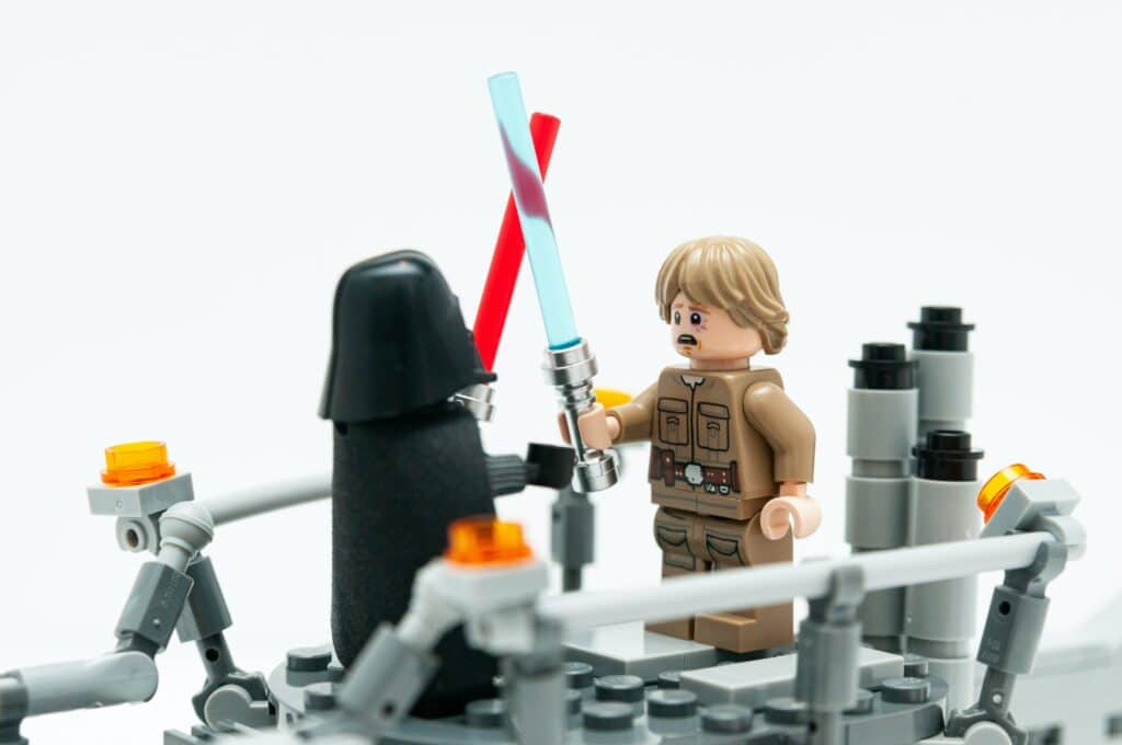 Photo of LEGO Luke Skywalker fighting LEGO Darth Vader