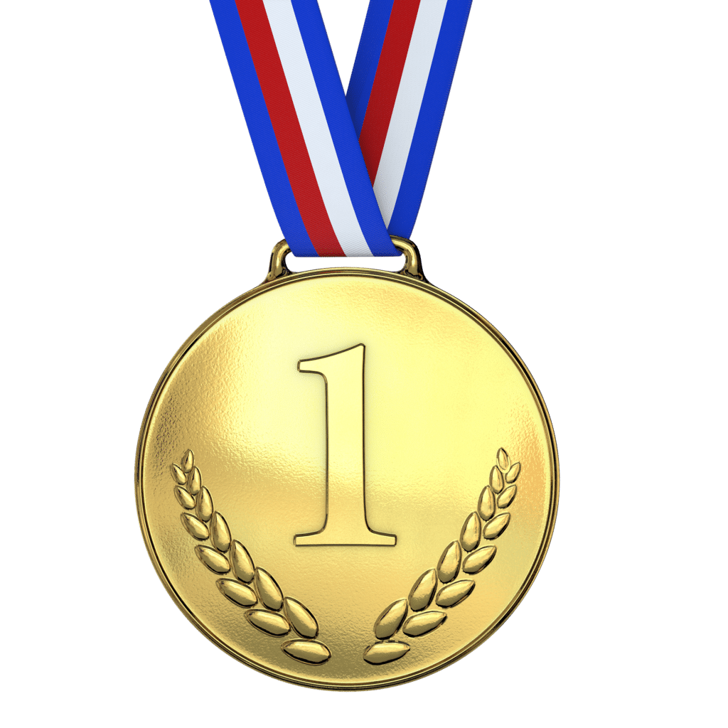 Illustration of a 1st place gold medal with a red, white, and blue strap. 