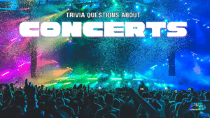 Photo of multicolored strobe lights and confetti on a stage with a huge crowd of people watching and holding their hands up, some are taking photos with their phones. White text above them reads "Trivia Questions About Concerts"