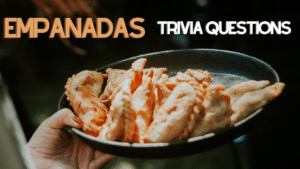Photo of a hand holding a cast iron dish filled with empanadas. Tan and white text above it reads "Empanadas Trivia Questions"