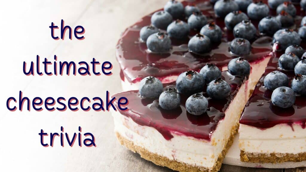 cheesecake topped with blueberries; text