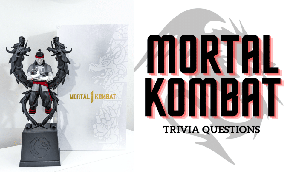 Photo of a Mortal Kombat 1 statue against a white background, with black and red text next to it that reads "Mortal Kombat Trivia Questions"