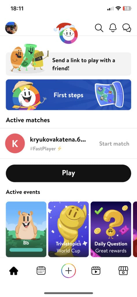 Screenshot of the main Trivia Crack page in the app, displaying the logo, first steps, Active matches, Active events, and more. 