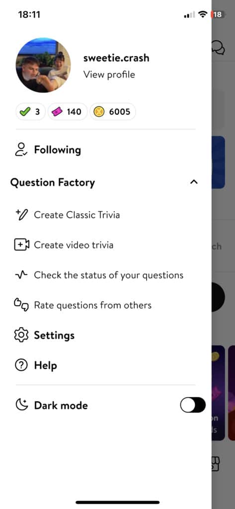 Screenshot of the Trivia Crack menu after clicking on your profile picture, including Following, Question Factory, Settings, Help, Dark Mode, and more.