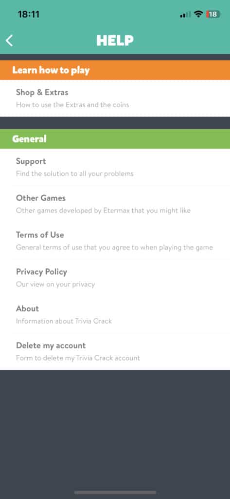 Screenshot of the Trivia Crack Help menu, which includes Shop & Extras, General menu of Support, Other Games, Terms of Use, Privacy Policy, About, and Delete My Account