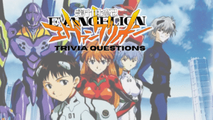Illustration of the characters from Neon Genesis Evangelion, with text over it that reads "Neon Genesis Evangelion Trivia Questions"