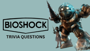 Image of Subject Delta from Bioshock against a light green/grey background. Black text next to them reads "BIOSHOCK TRIVIA QUESTIONS"