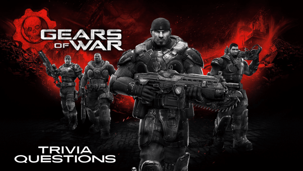 Image of solider characters from Gears of War against a red and black background. Text around it reads "Gears of War Trivia Questions"