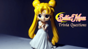 Photo of a figurine of Sailor Moon in a white dress, with text next to it that reads "Sailor Moon Trivia Questions"