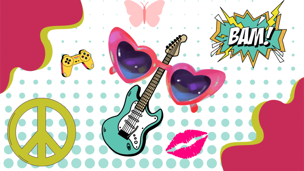 Image with various colorful pop-art style illustrations, including teal polka dots, pink and green splatter-style patterns, a comic book "BAM!" SFX balloon, a lime green peace sign, a yellow video game controller, a pink butterfly, hot pink lips, and a teal guitar with pink heart-shaped sunglasses over it. 