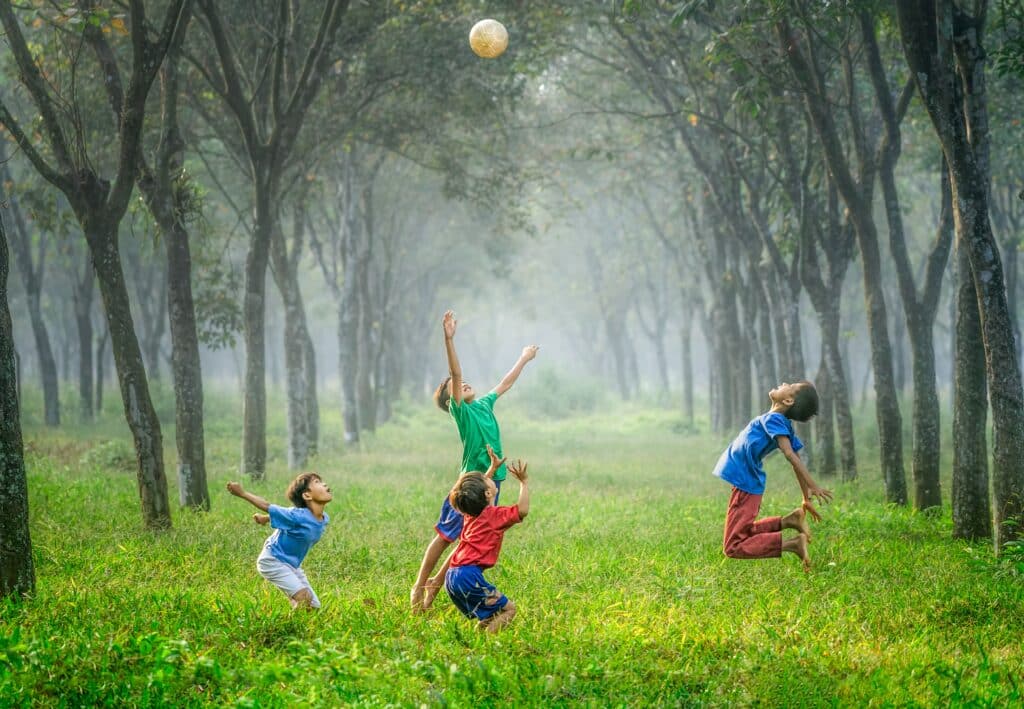 Photo of four kids playing ball in a grassy, wooded area. 