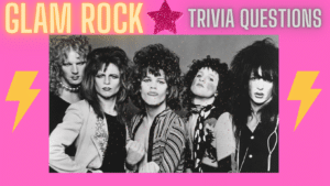 Black and white photo of the glam rock band The New York Dolls, against a pink background with gold lightning bolts. Text on top reads "GLAM ROCK TRIVIA QUESTIONS" with a pink glitter star