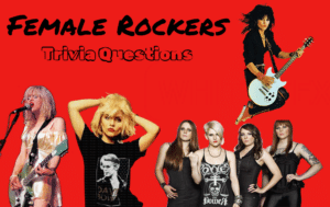 Images of Courtney Love, Deborah Harry of Blondie, Joan Jett, and the band Kittie against a red background with black text in the top left corner that reads "Female Rockers Trivia Questions"