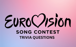 The black EuroVision Song Contest logo against a light pink and purple gradient background, with black text under the logo that reads "TRIVIA QUESTIONS"