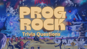 Faded out image of psychedelic album art from the band RUSH, with gold text over it that reads "PROG ROCK Trivia Questions"
