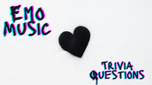 Photo of a black felt heart against a white background, with black, teal, and pink text around it that reads "Emo Music Trivia Questions"