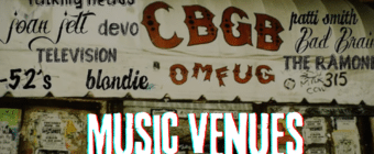 An image of the exterior of notable former NYC music venue CBGBS, white white text that reads "MUSIC VENUES TRIVIA QUESTIONS"